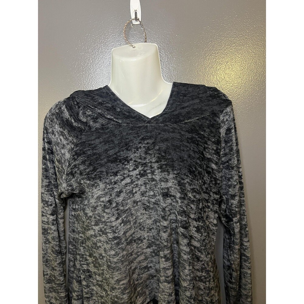 Vine Street Tunic Top Womens Medium Gray Velour Hooded Lace Hem Long Sleeve